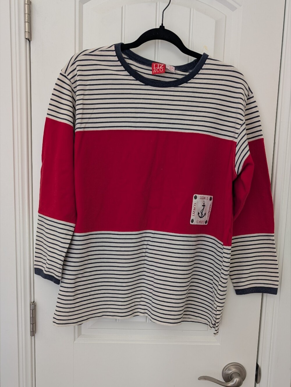 VTG Liz & Co Red and Navy Striped Nautical Quarter Sleeve M